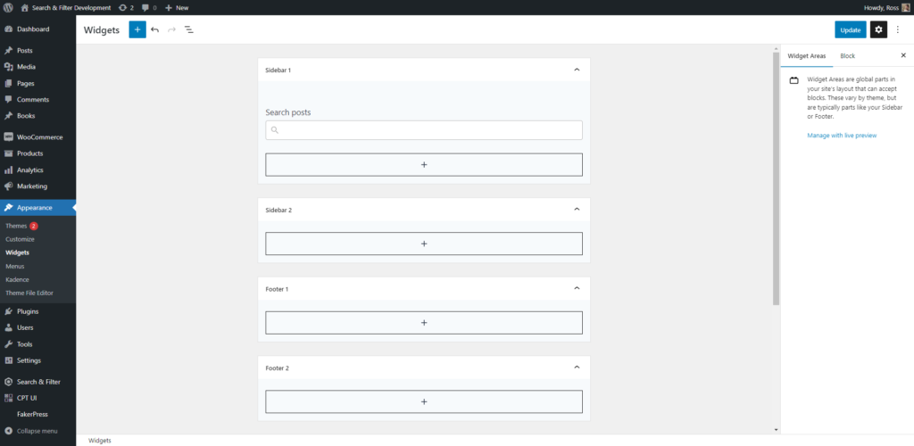 A screenshot of the widgets screen in WordPress, which uses the block editor since version 5.8.